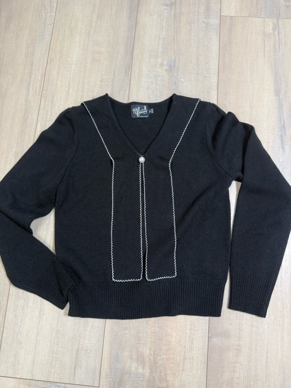 Hell Bunny Black V-Neck Sweater with White Contrast Trim